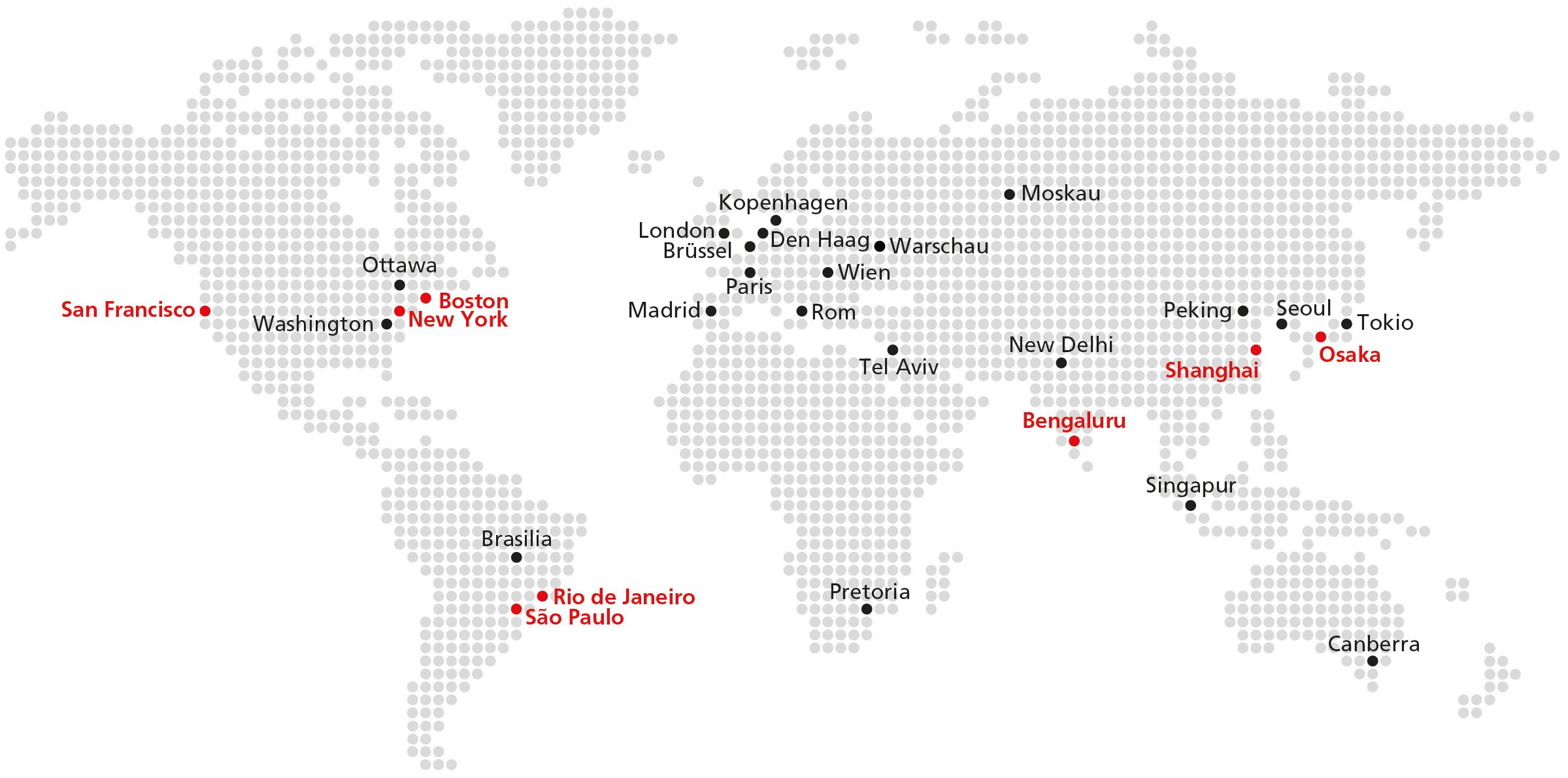 Eine Übersicht über alle Swissnex-Hauptstandorte (in rot) und den Wissenschaftssektionen sowie Wissenschaftsrätinnen und -räten an den Schweizer Botschaften (in schwarz)