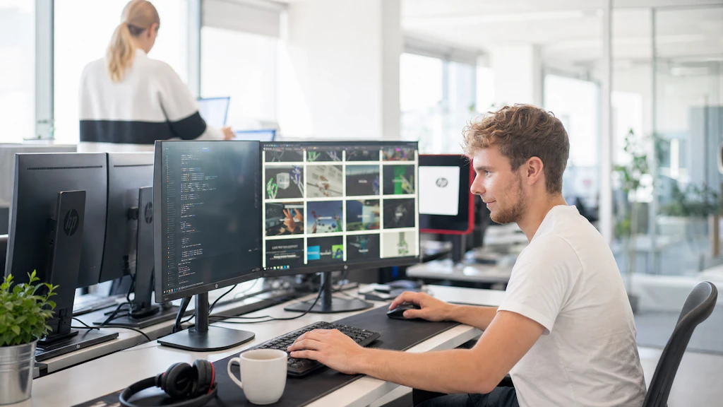 Person arbeitet an einem Computer mit zwei Monitoren, auf denen Programmcode und eine Bildübersicht angezeigt werden.