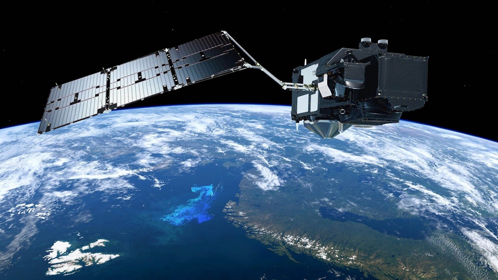 The Earth observation satellite Sentinel-3A of the European Space Agency is shown against the black background of space. Its solar panels extend outward on both sides, and the rectangular main body carries several antennas and scientific instruments used to monitor the Earth.