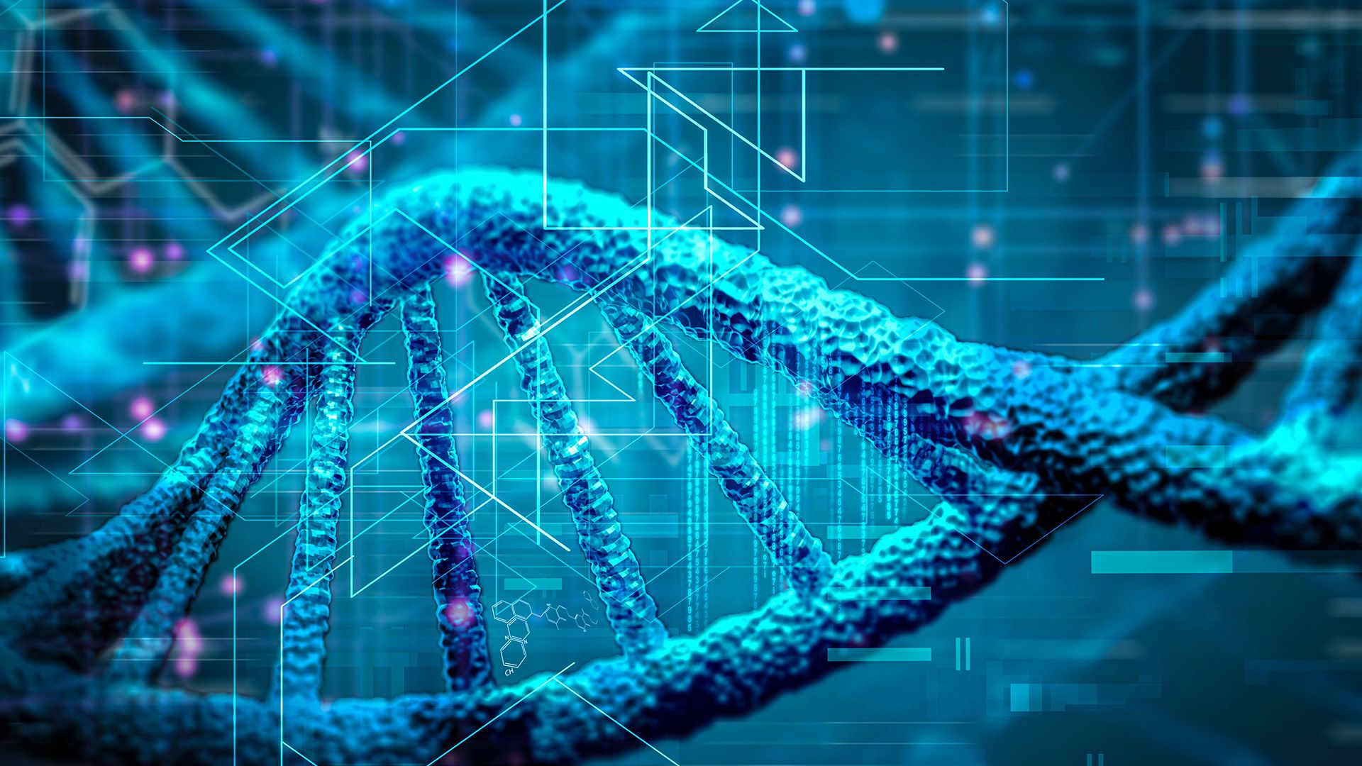 The figure shows a blue DNA helix overlaid by the structures of chemical molecules and abstract connecting lines on a blue background.