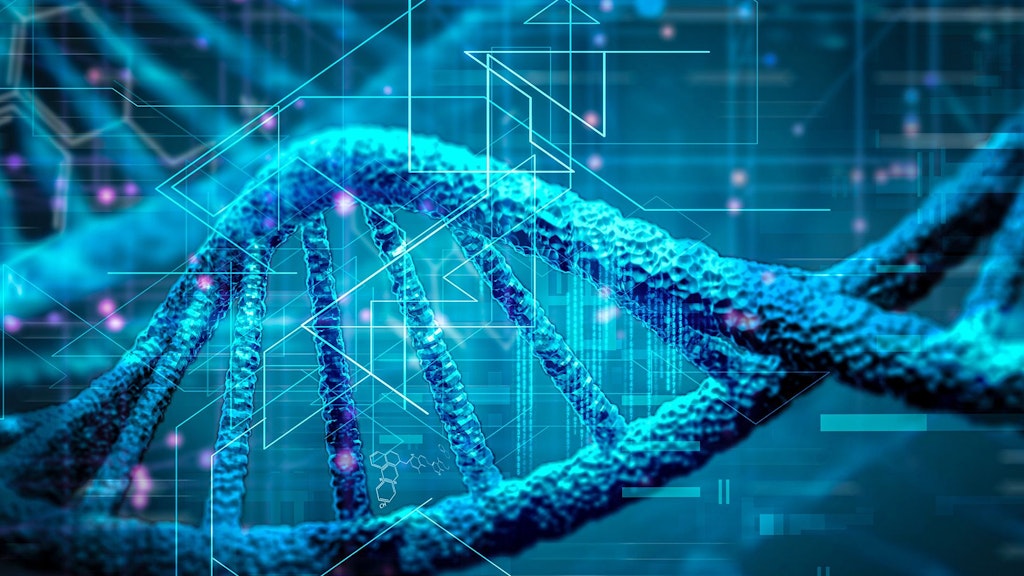 The figure shows a blue DNA helix overlaid by the structures of chemical molecules and abstract connecting lines on a blue background.