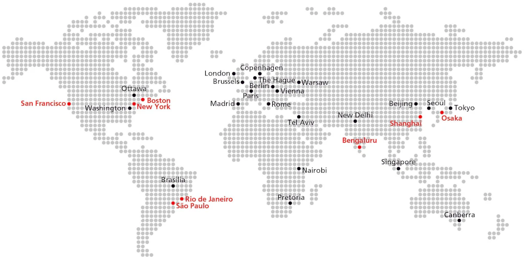 An overview of all Swissnex main locations (in red) and the science sections and science counsellors at Swiss embassies (in black)