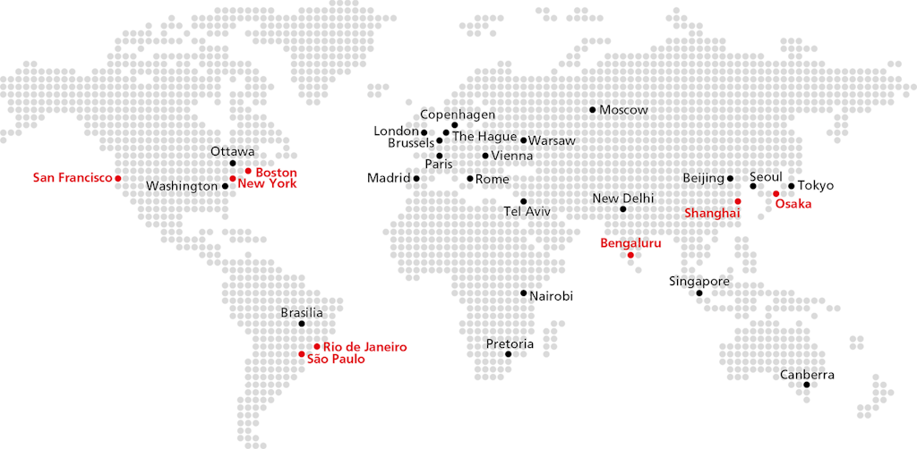 An overview of all Swissnex main locations (in red) and the science sections and science counsellors at Swiss embassies (in black)
