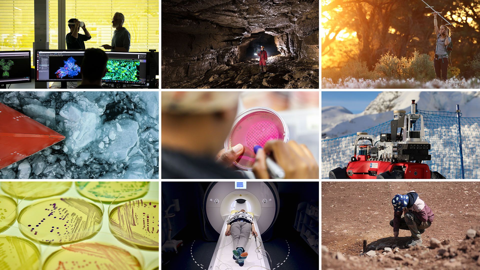A set of nine images showing different types of research: people working with data, exploring caves, measuring outdoors, studying ice and soil samples, working in laboratories, driving a snow vehicle, and using medical equipment.