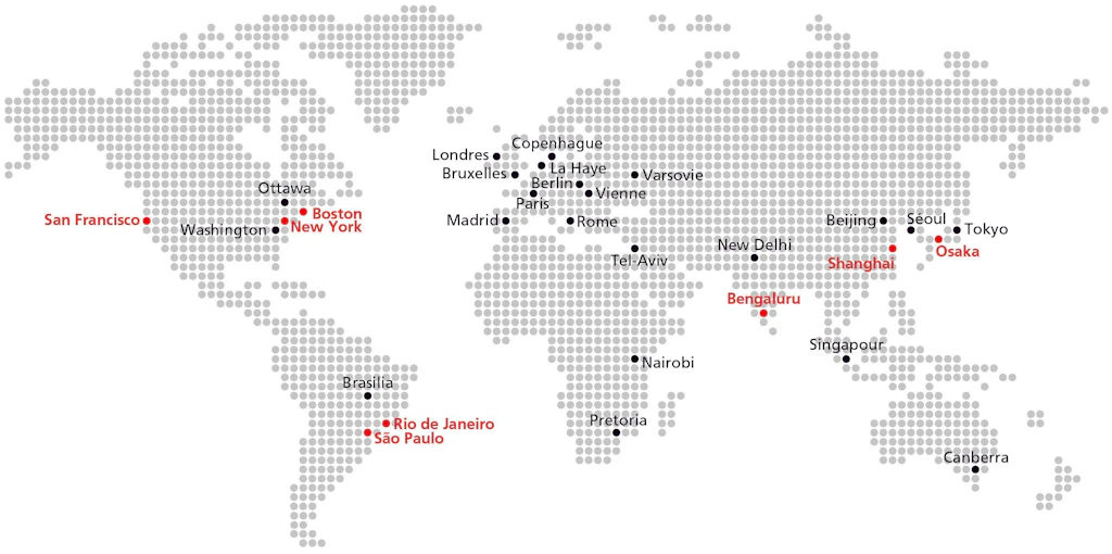 Aperçu de tous les principaux sites Swissnex (en rouge) et des sections scientifiques ainsi que des conseillers scientifiques auprès des ambassades suisses (en noir)