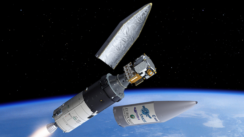 Représentation graphique d’un étage de fusée dans l’espace avec séparation de la coiffe et libération d’un satellite.
