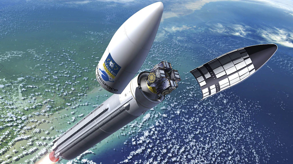 Représentation graphique d’un étage de fusée dans l’espace avec séparation de la coiffe et libération d’un satellite.