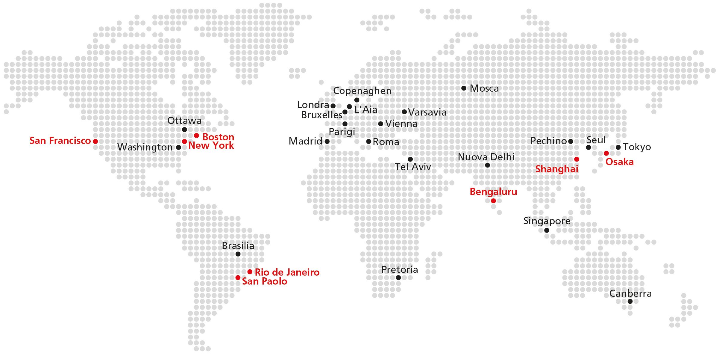 Una panoramica di tutte le sedi principali di Swissnex (in rosso) e delle sezioni scientifiche, nonché dei consiglieri scientifici presso le ambasciate svizzere (in nero).