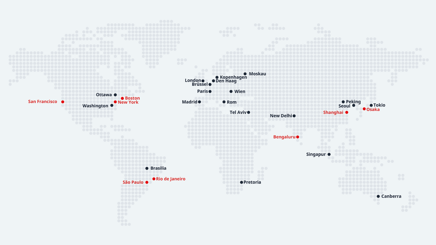Una panoramica di tutte le sedi principali di Swissnex (in rosso) e delle sezioni scientifiche, nonché dei consiglieri scientifici presso le ambasciate svizzere (in nero).