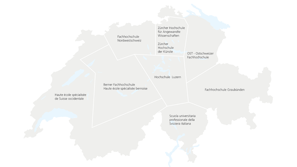 Mappa della Svizzera con la posizione delle scuole universitarie professionali per regione